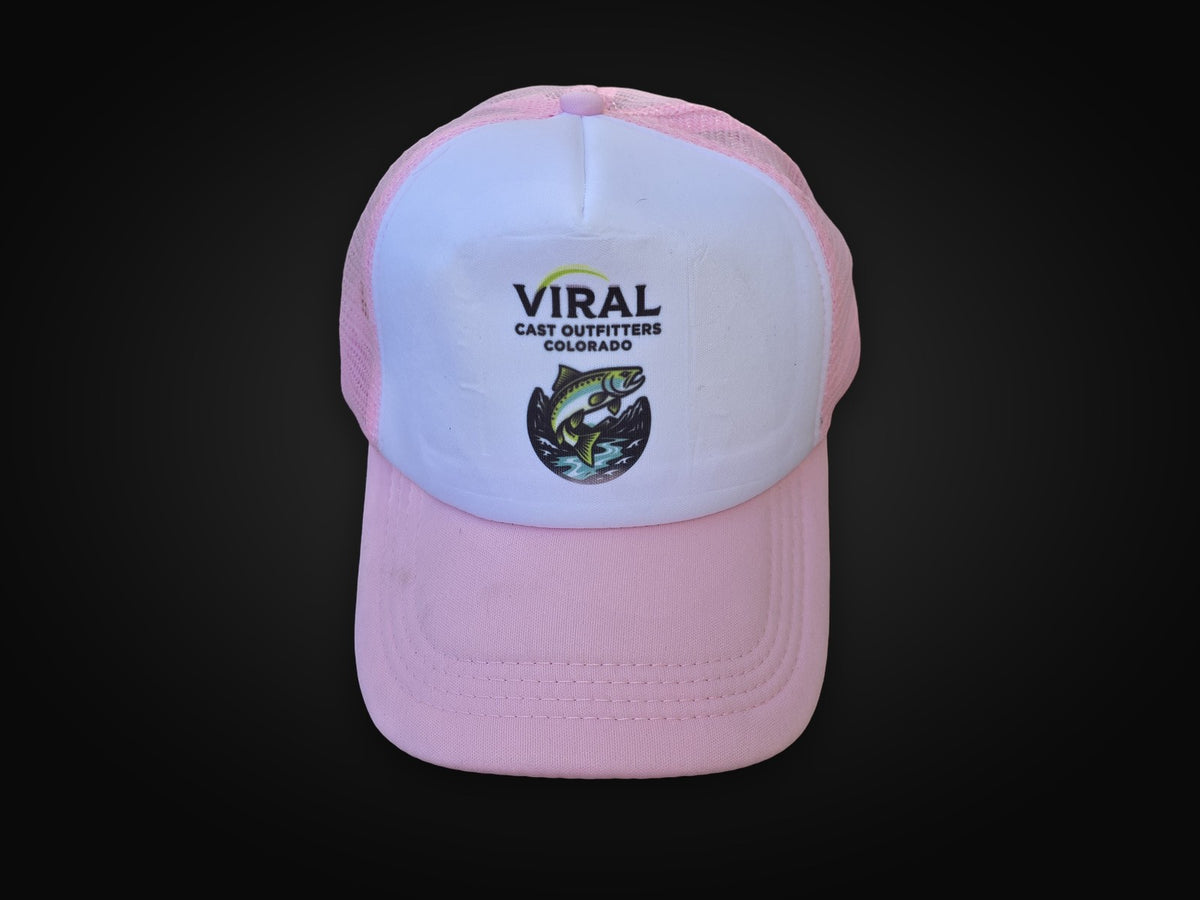Pink and white Viral Cast Outfitters trucker hat.
