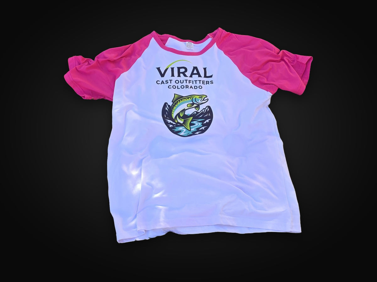White ringer shirt with pink sleeves.
