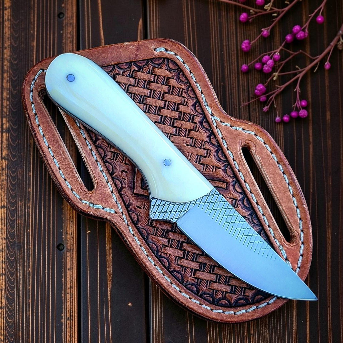 The Calamity Jane – Custom Handmade Farrier Rasp Steel Ranch Knife with Bone Handle & Leather Sheath