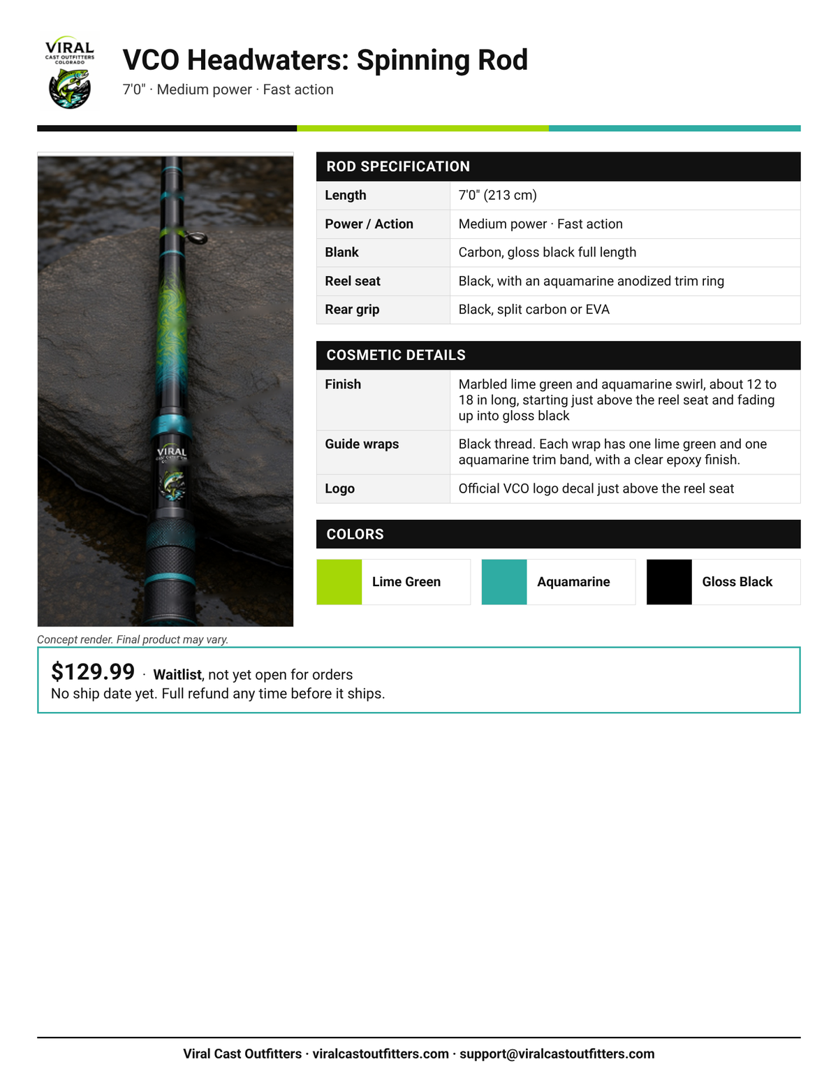 VCO Headwaters spinning rod spec sheet