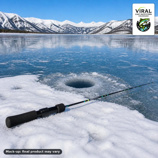 Mock-up, not a product photo: VCO ice rod with a matte black blank and neon lime and aquamarine wraps, on a frozen lake. Final product may vary.