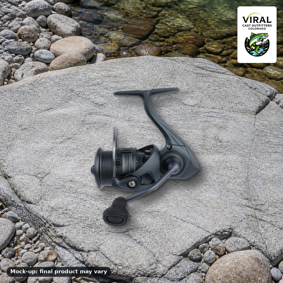 Mock-up, not a VCO sample photo: VCO light spinning reel (1000) on river rock. Final product may vary.